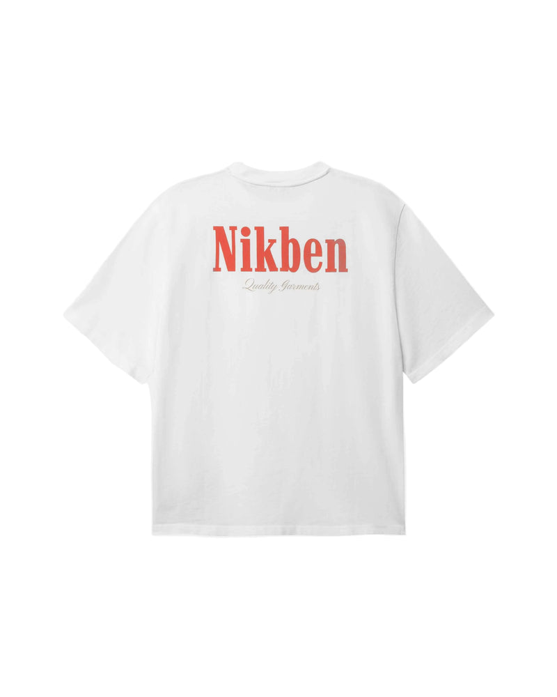 White t-shirt with red 'Nikben' logo on back