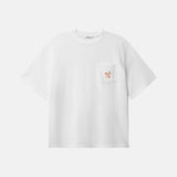 White t-shirt with a small logo on front breast pocket