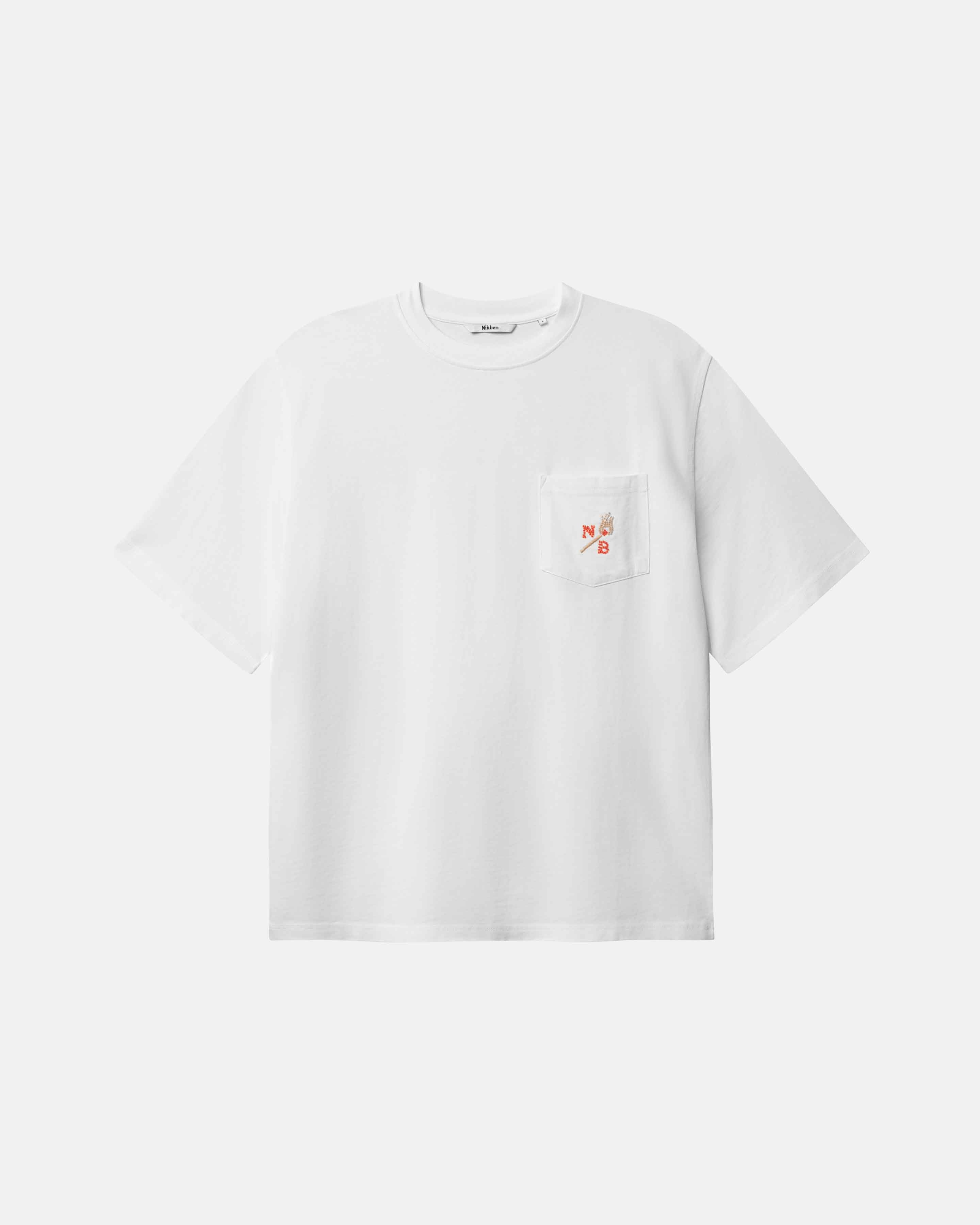 White t-shirt with a small logo on front breast pocket