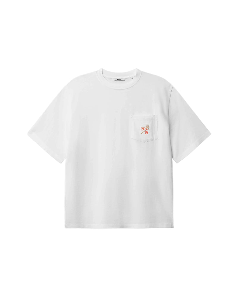 White t-shirt with a small logo on front breast pocket