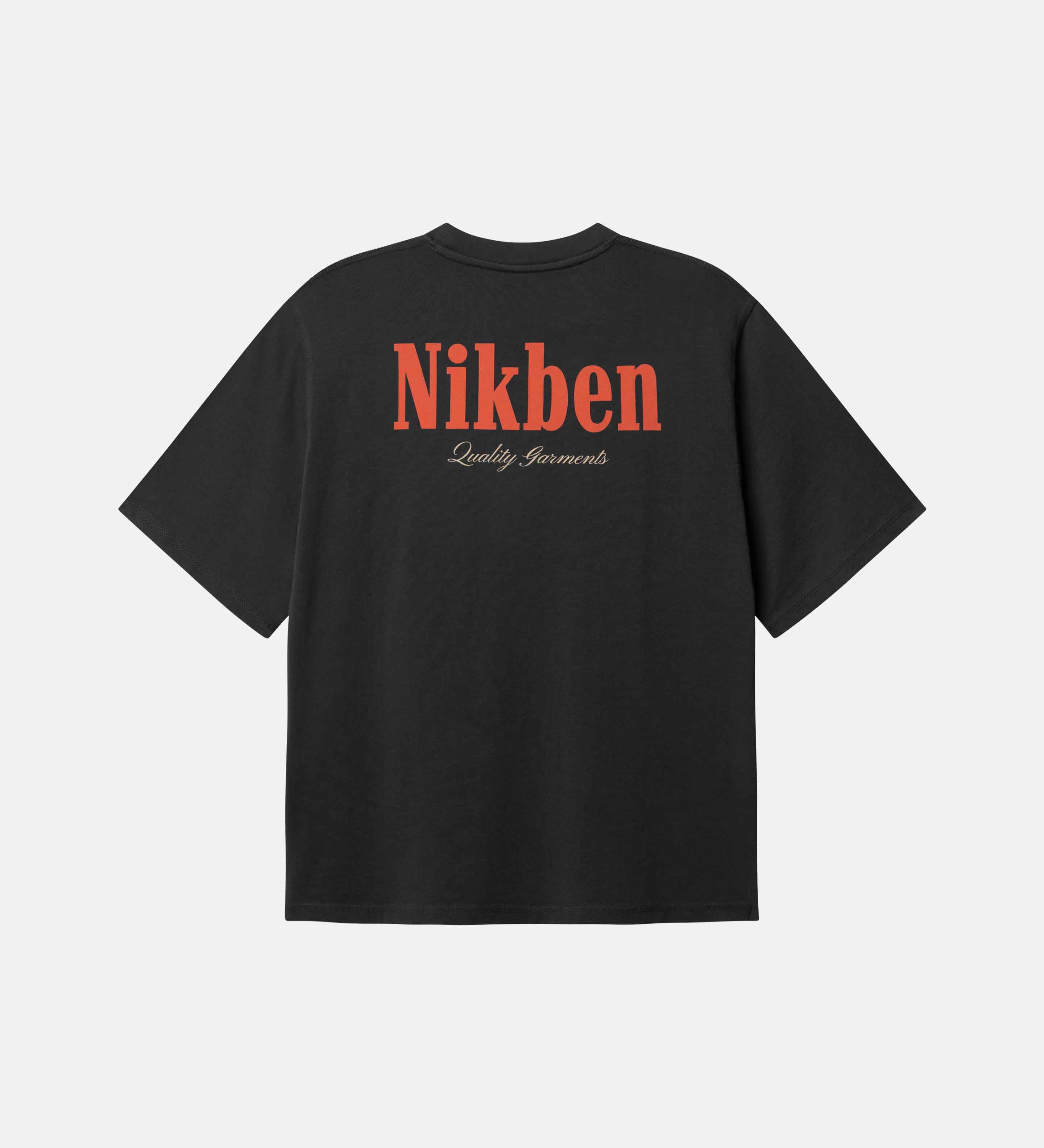 Black t-shirt with red 'Nikben' logo on the back