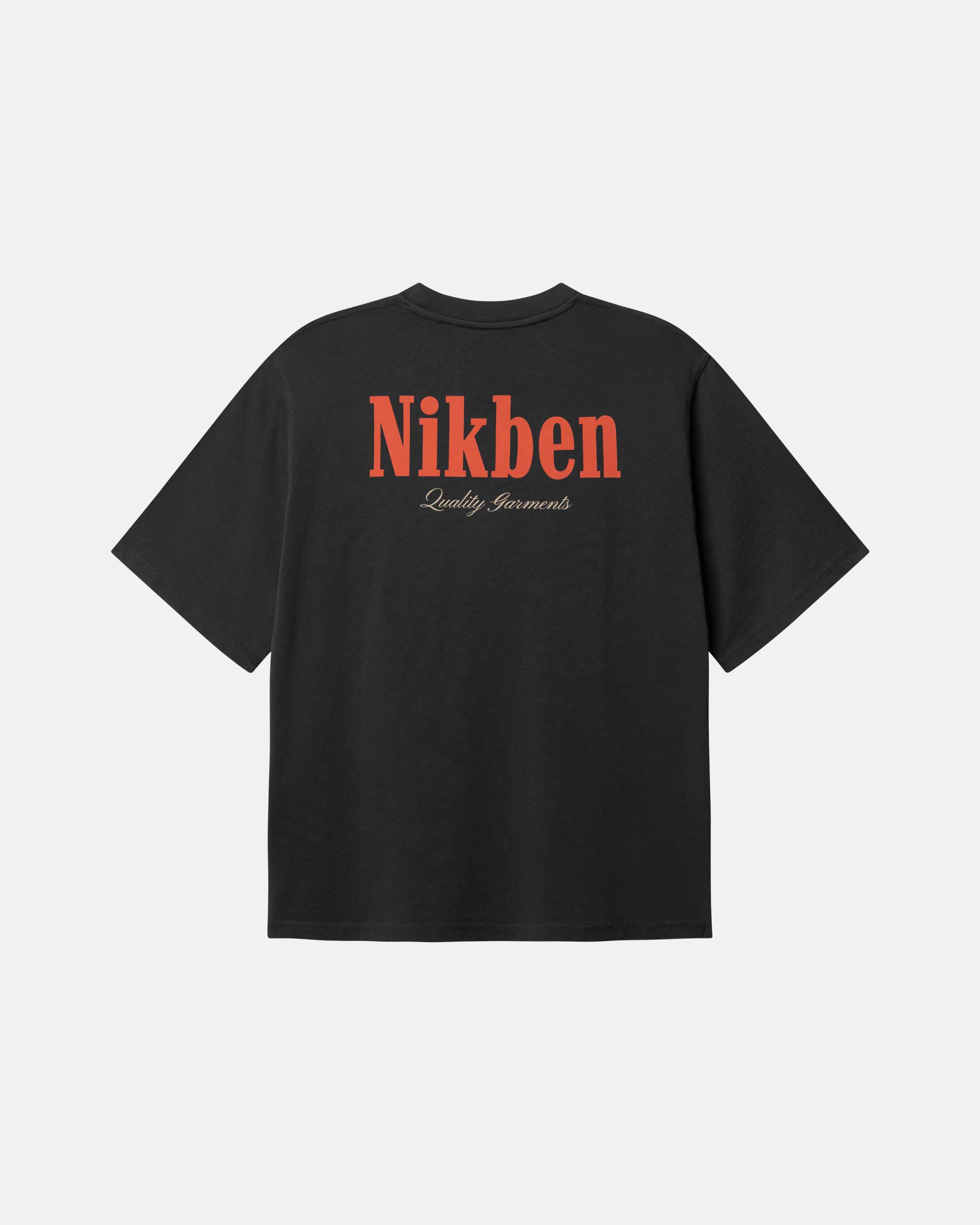 Black t-shirt with red 'Nikben' logo on the back