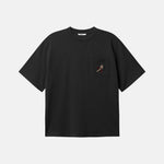 Black t-shirt with a small design on the chest 
