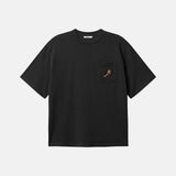 Black t-shirt with a small design on the chest 