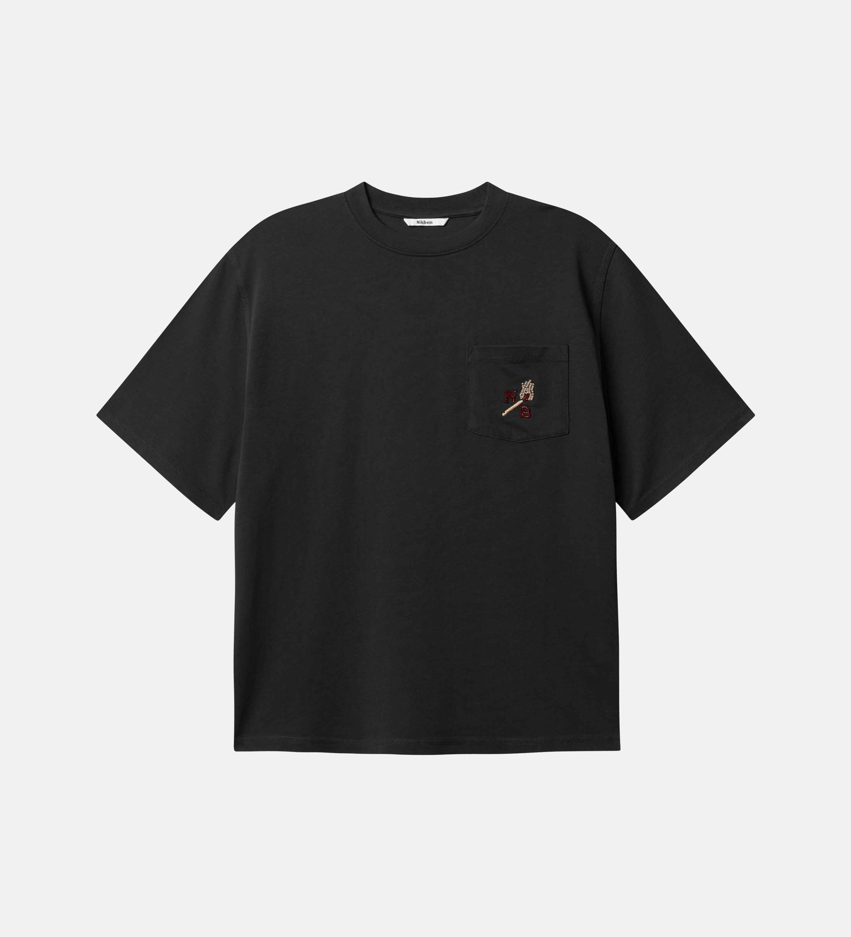 Black t-shirt with a small design on the chest 