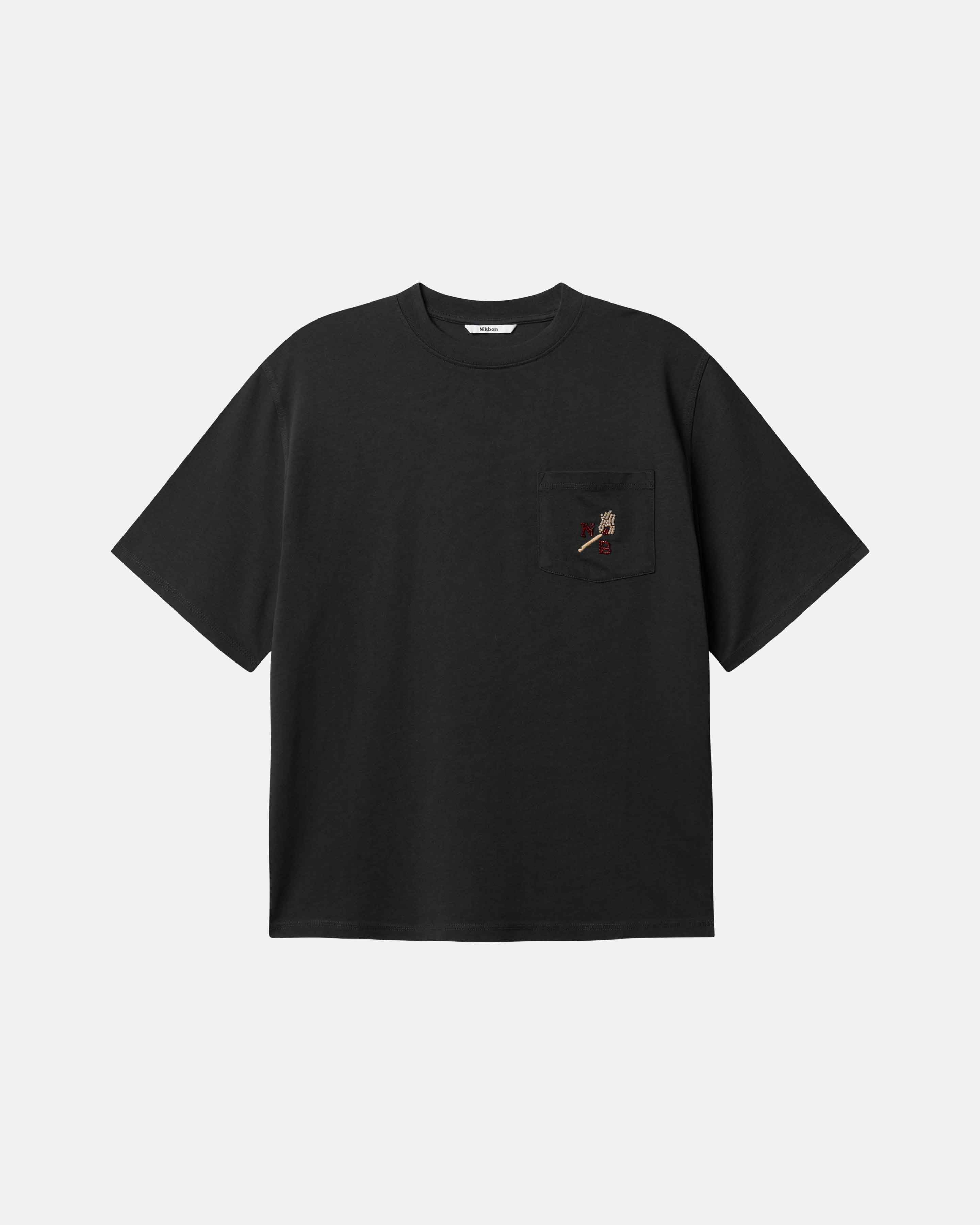 Black t-shirt with a small design on the chest 