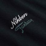 Close up of Embroidered text 'Nikben Fantasy' on a black fabric 