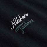 Close up of Embroidered text 'Nikben Fantasy' on a black fabric 