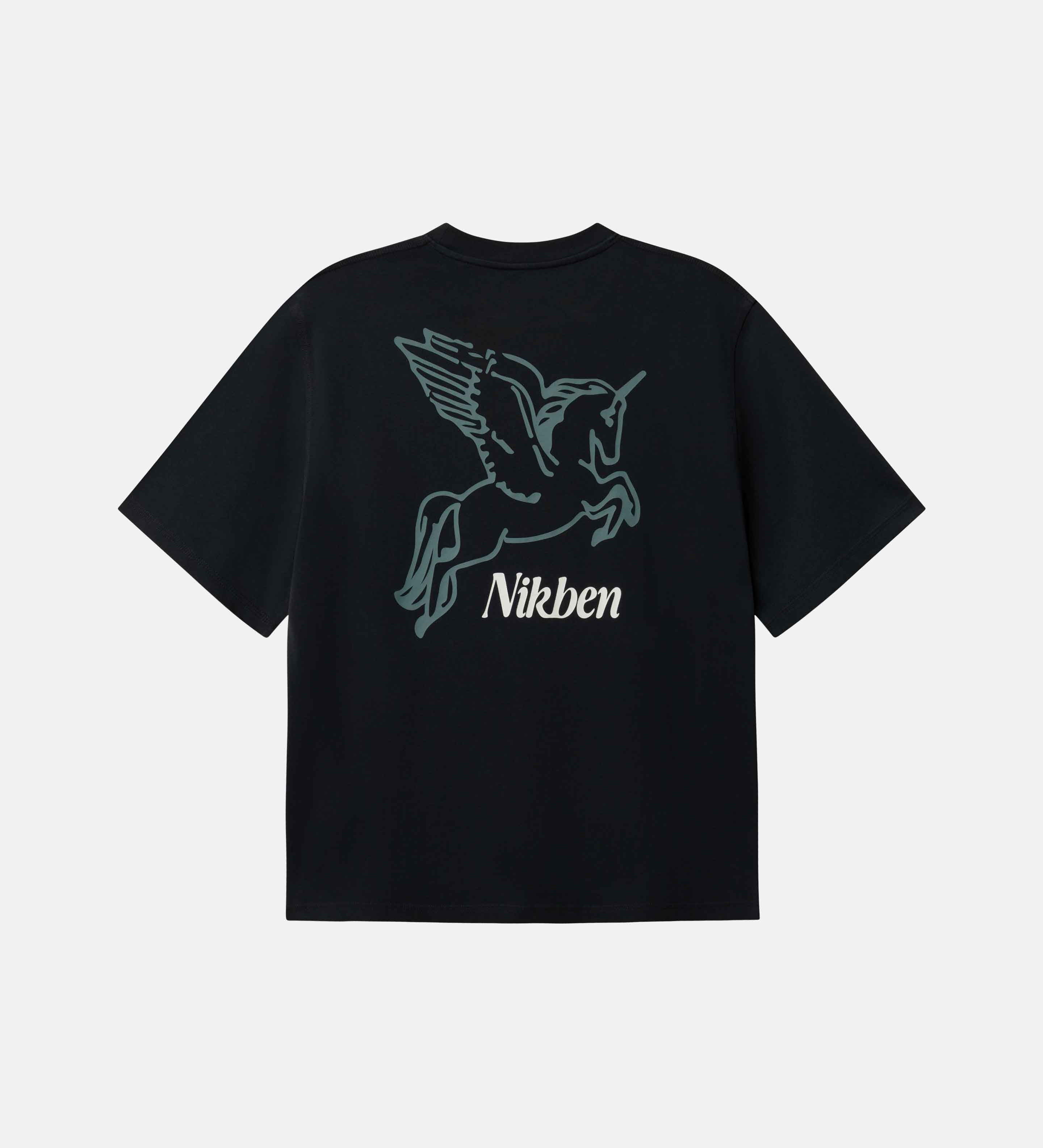 Black t-shirt with a graphic design and 'Nikben' branding on back