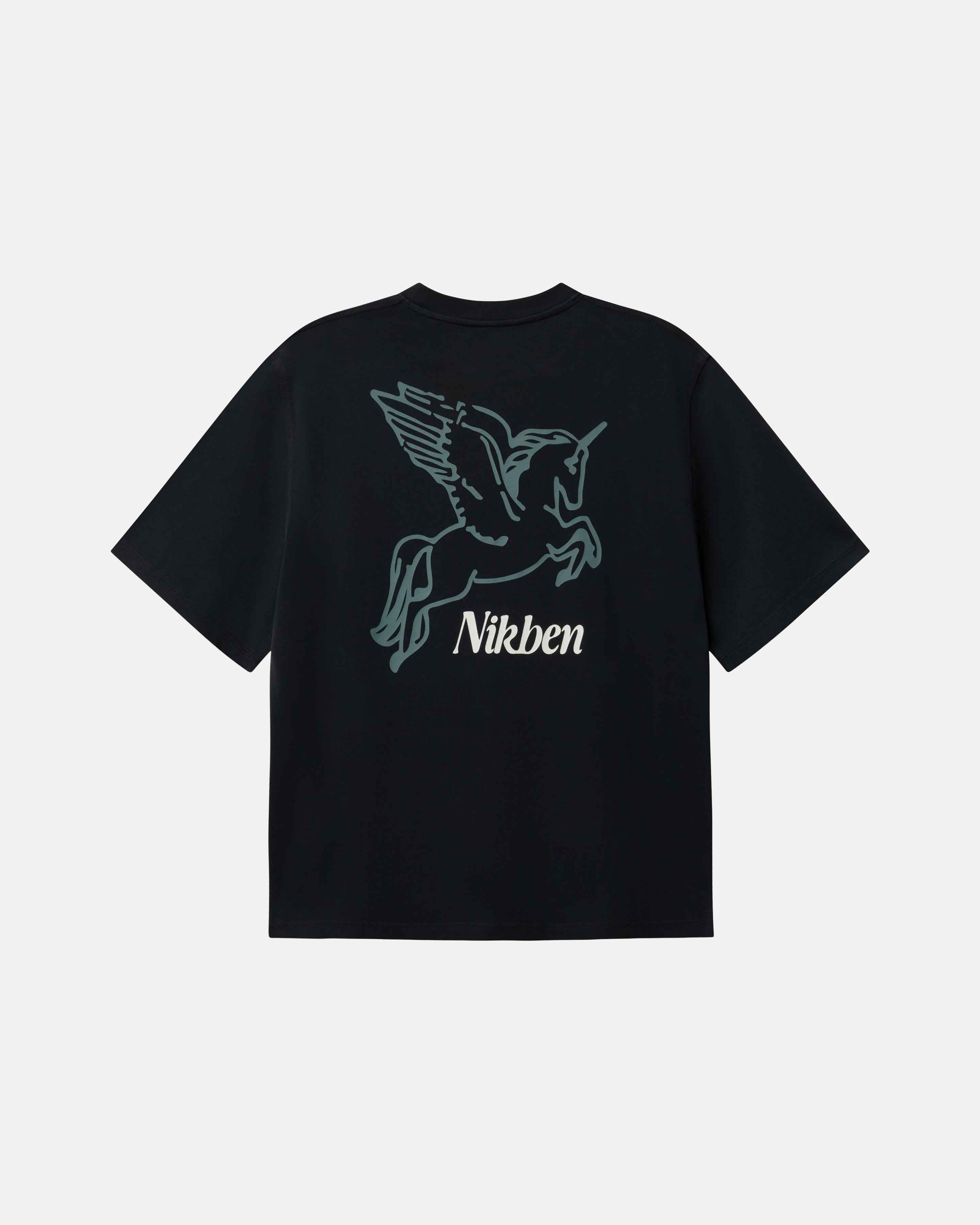 Black t-shirt with a graphic design and 'Nikben' branding on back