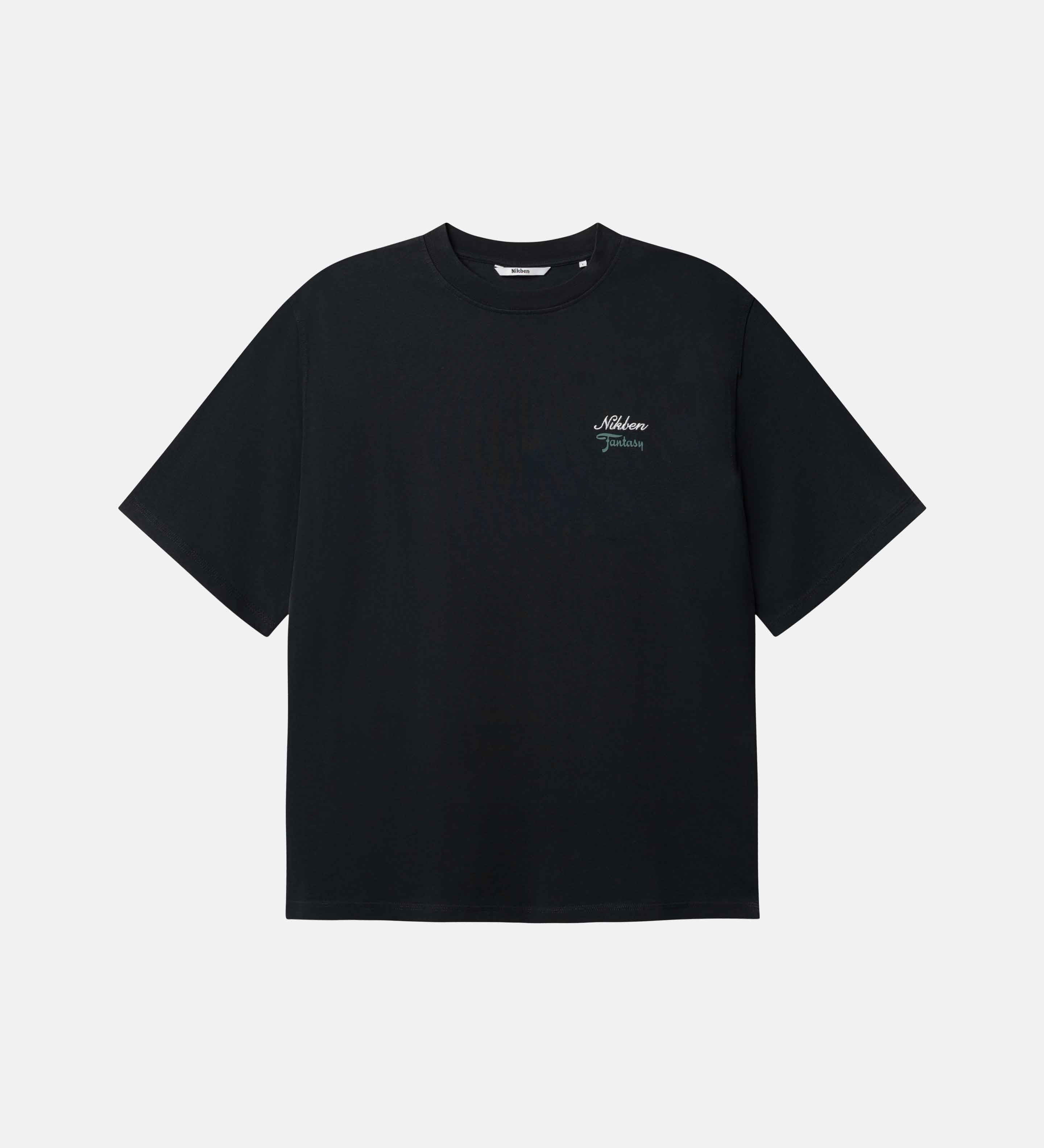 Black t-shirt with a small logo on chest