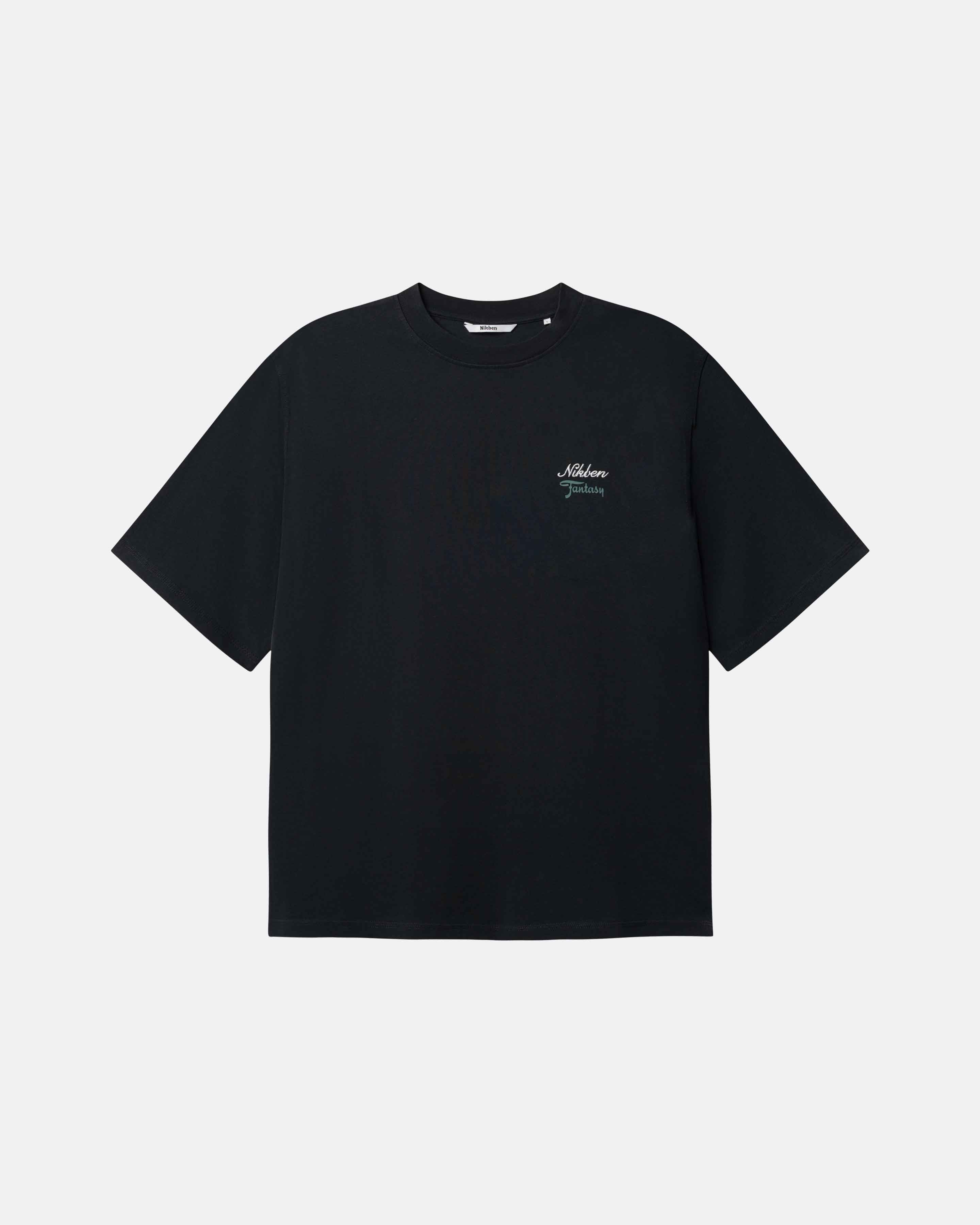 Black t-shirt with a small logo on chest