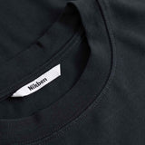 Close-up of a black shirt with a visible brand label.
