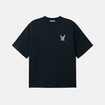 Black t-shirt with a small logo on chest