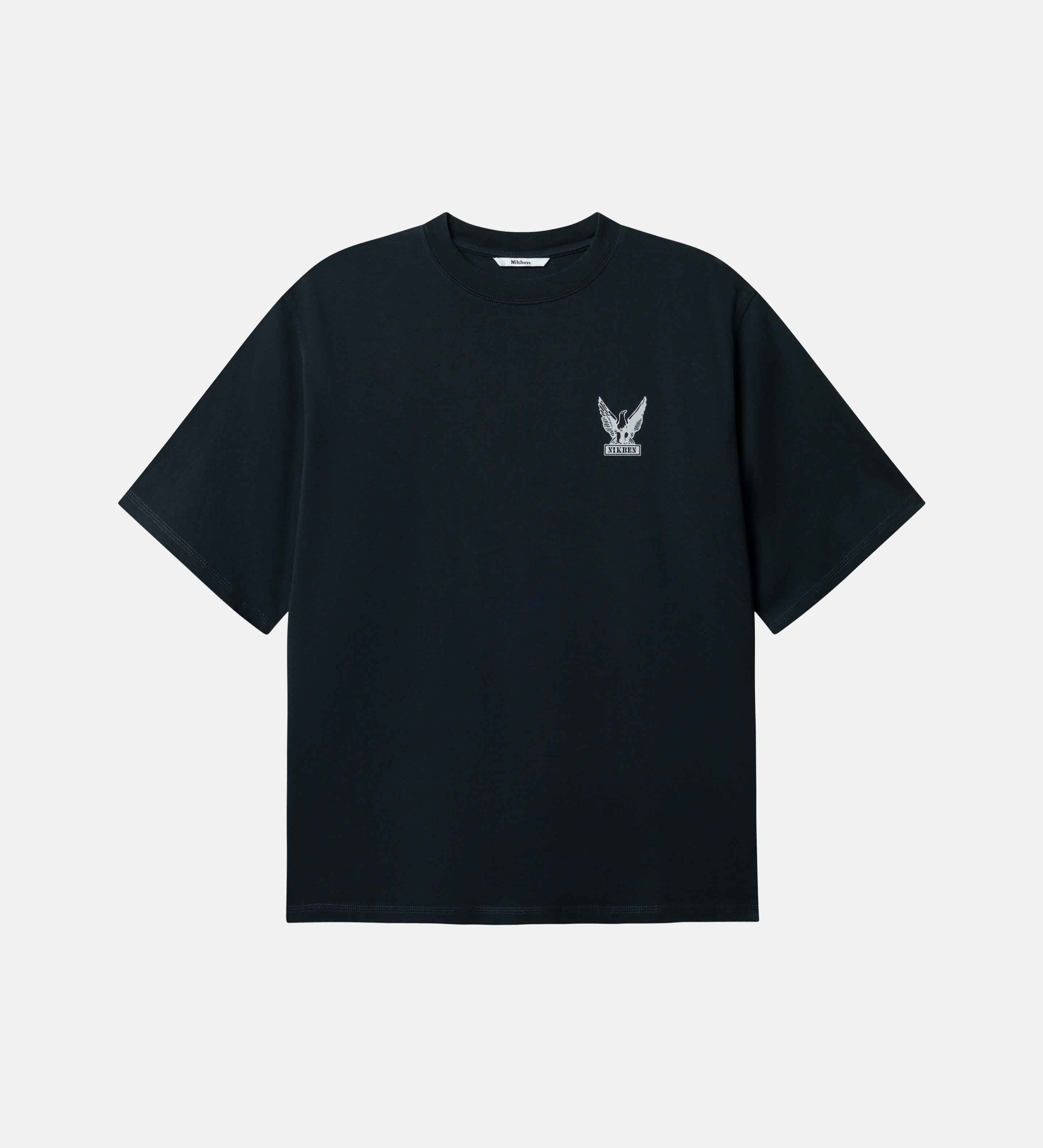 Black t-shirt with a small logo on chest