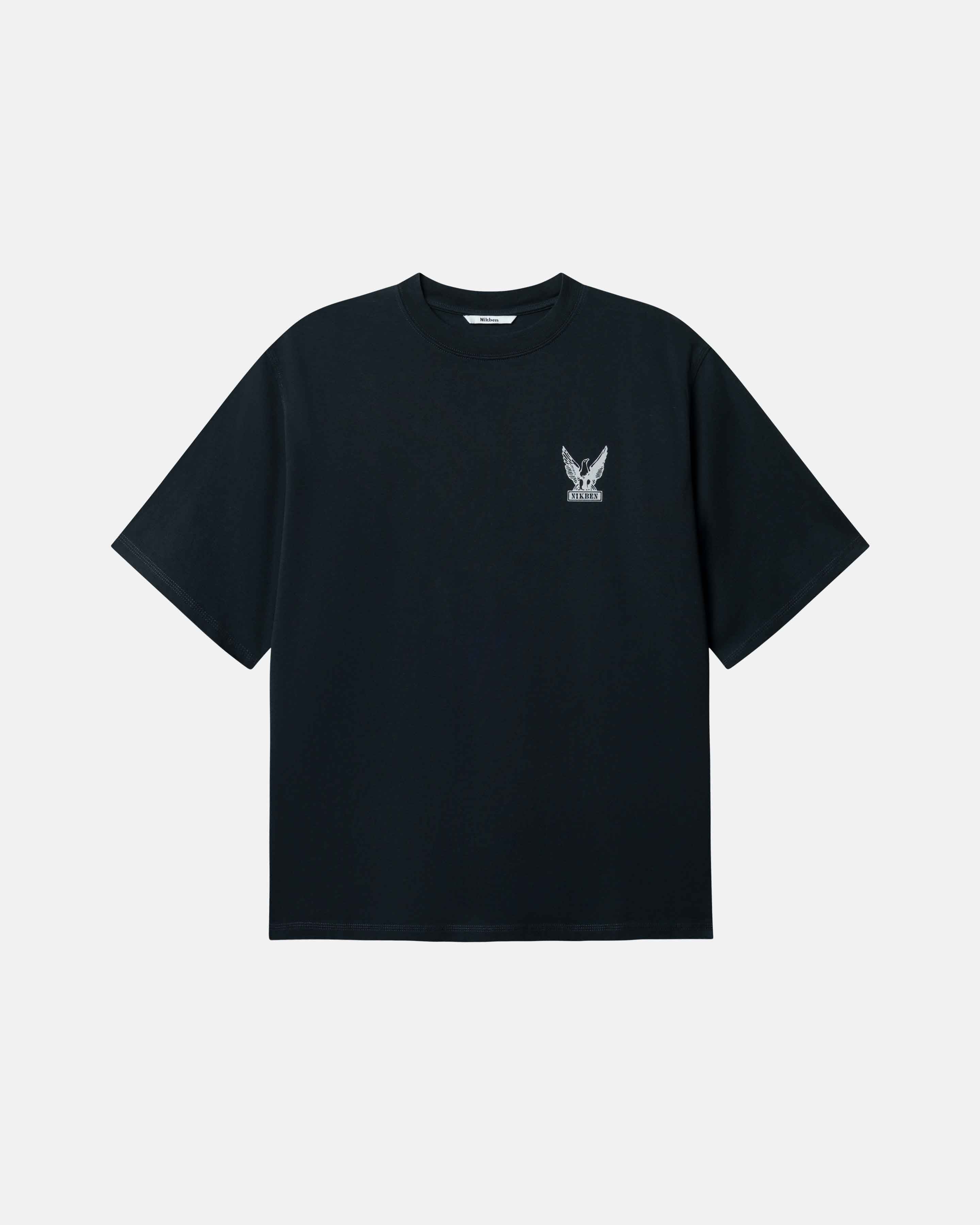 Black t-shirt with a small logo on chest