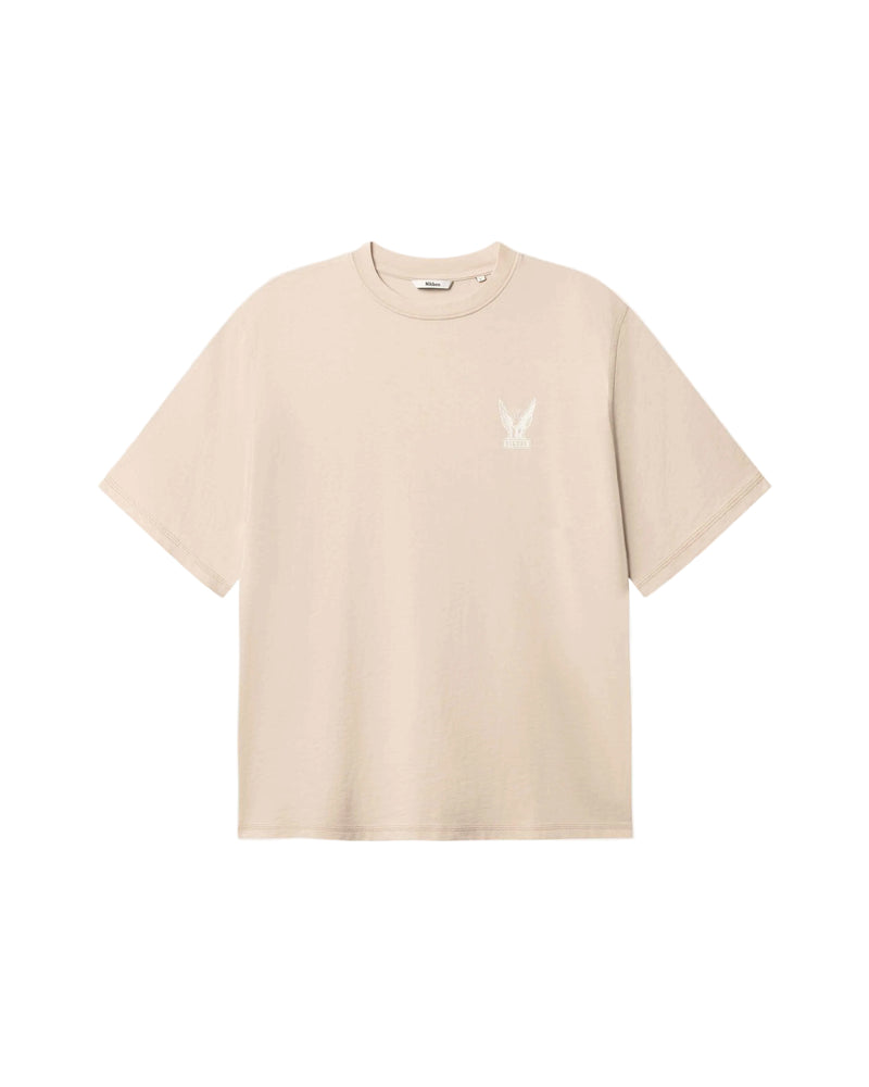 Beige t-shirt with a small logo in white back
