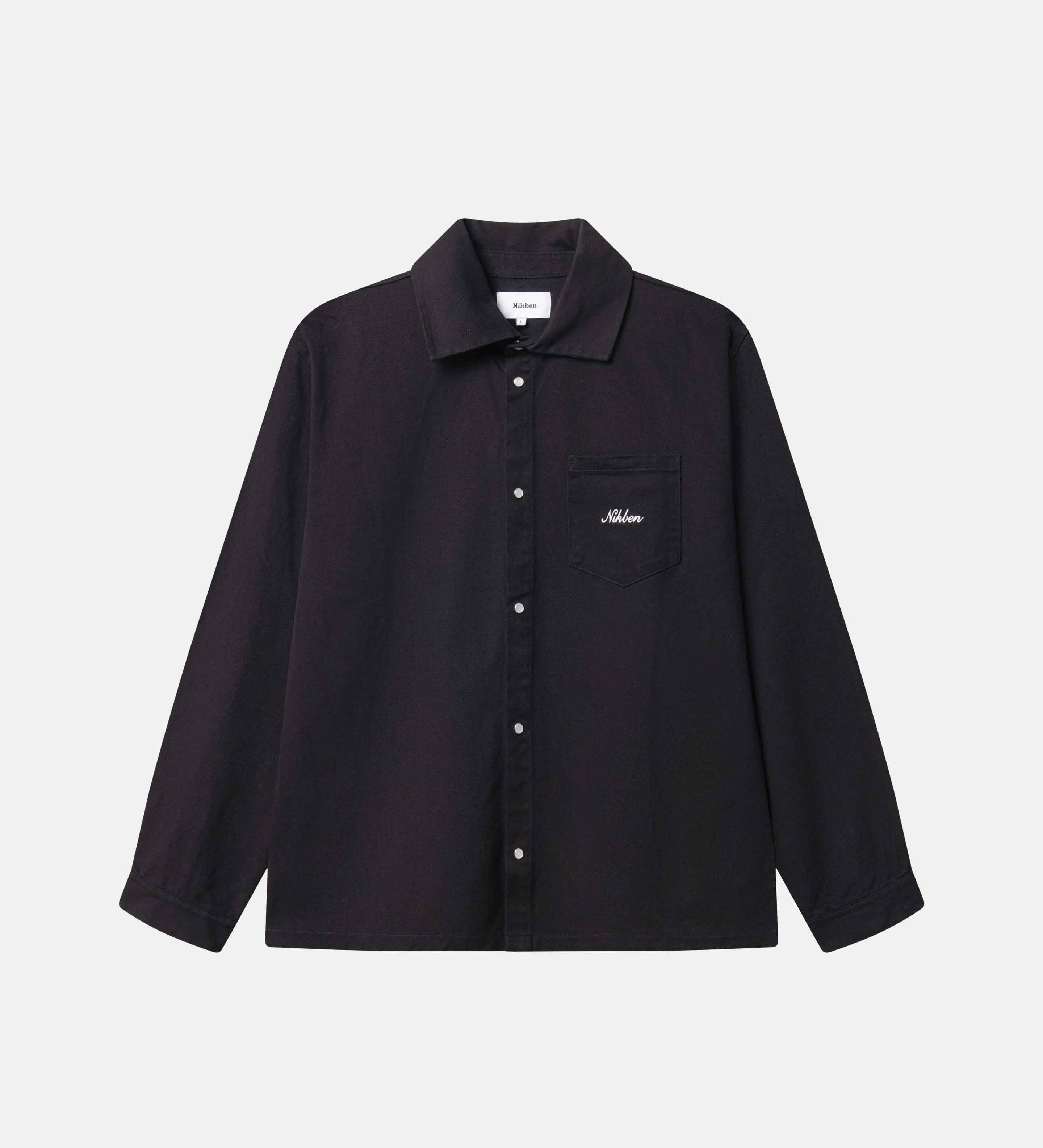 Black overshirt with a brand logo on the breast pocket 