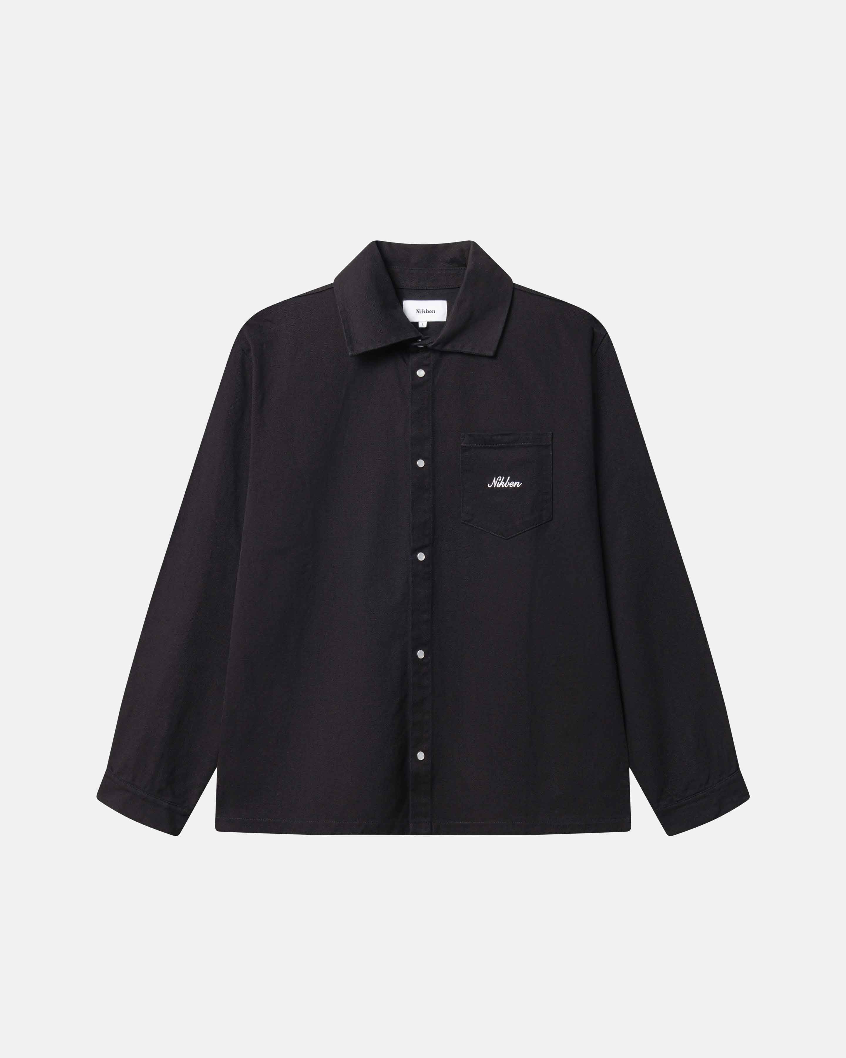 Black overshirt with a brand logo on the breast pocket 