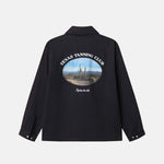 Black overshirt with 'Texas Tanning Club' graphic on the back