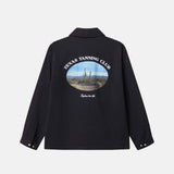 Black overshirt with 'Texas Tanning Club' graphic on the back