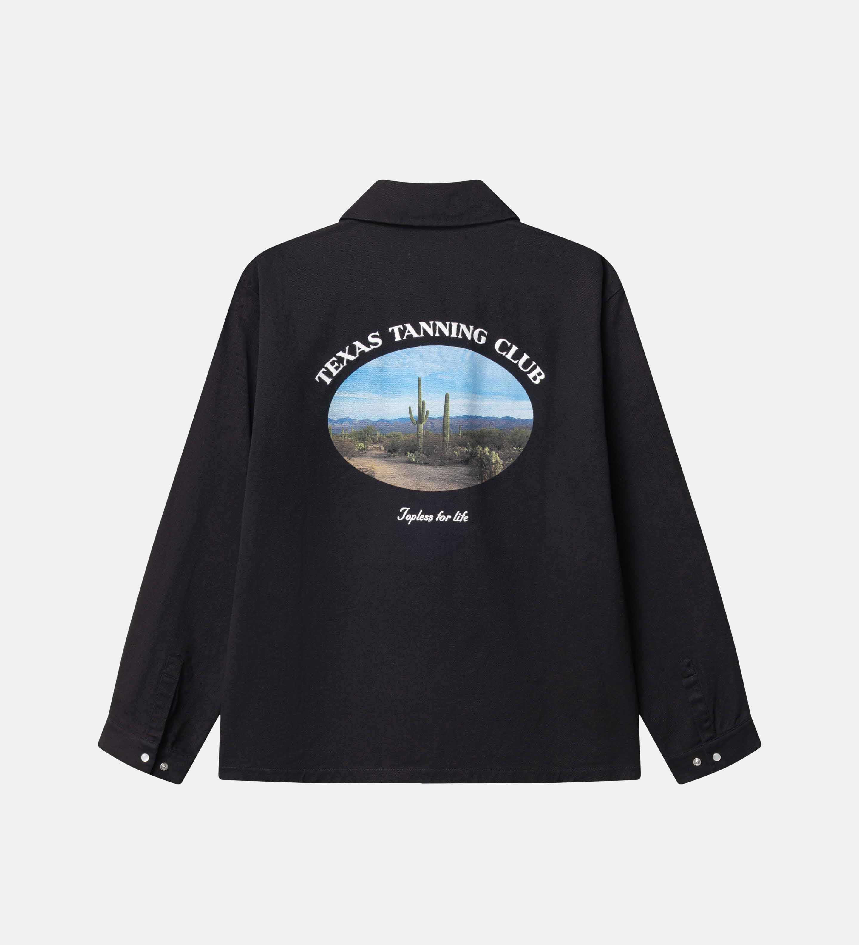 Black overshirt with 'Texas Tanning Club' graphic on the back