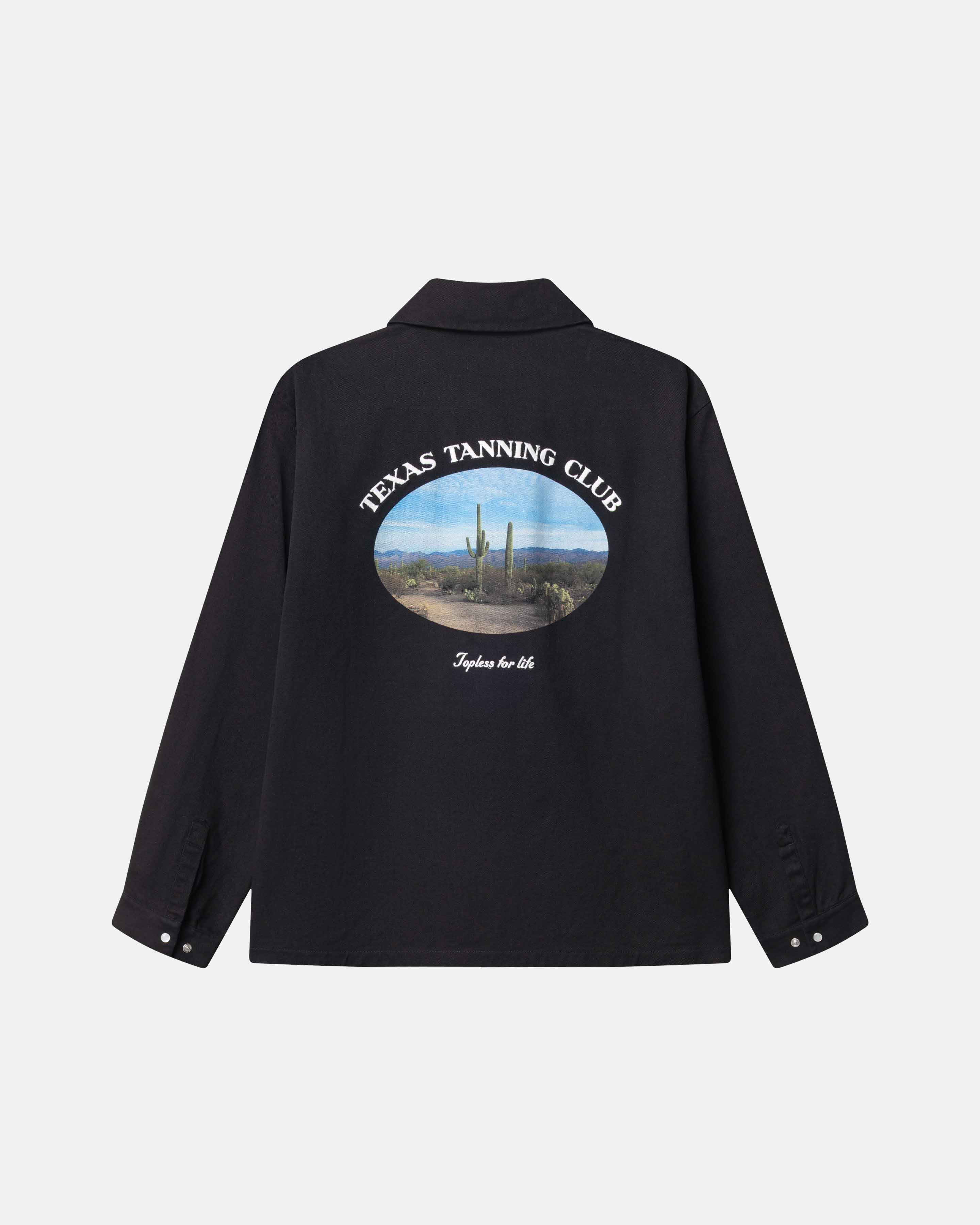 Black overshirt with 'Texas Tanning Club' graphic on the back