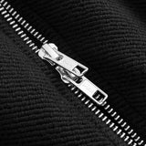 Close-up of a silver double zipper on black fabric