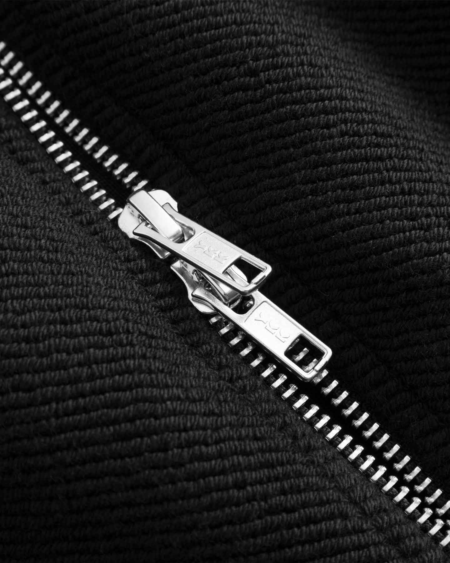 Close-up of a silver double zipper on black fabric