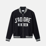 Black bomber jacket with white text on front