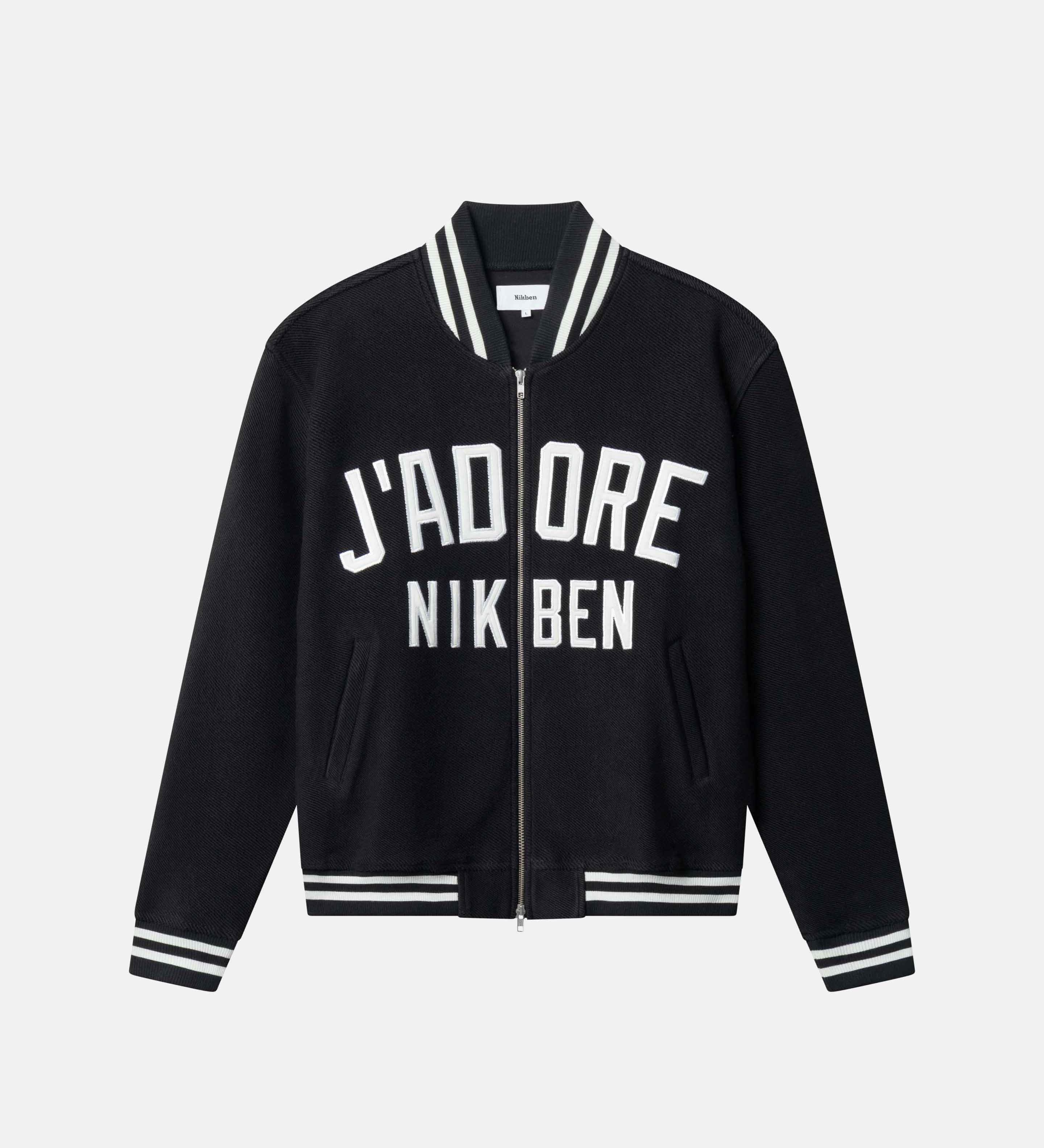 Black bomber jacket with white text on front