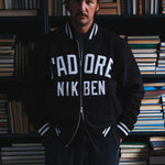 Black bomber jacket styled