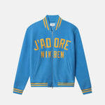 Blue bomber jacket with yellow text on the front