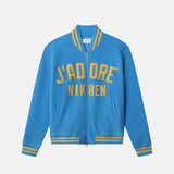 Blue bomber jacket with yellow text on the front