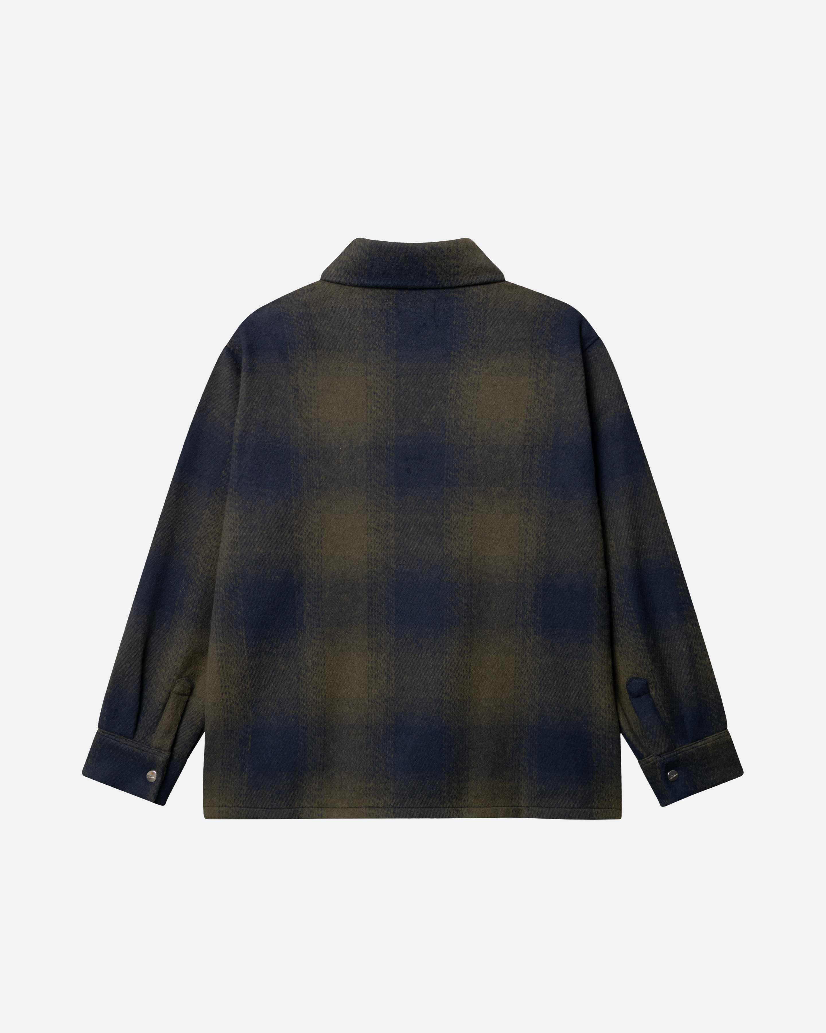 Back detail of dark blue and green flannel shirt