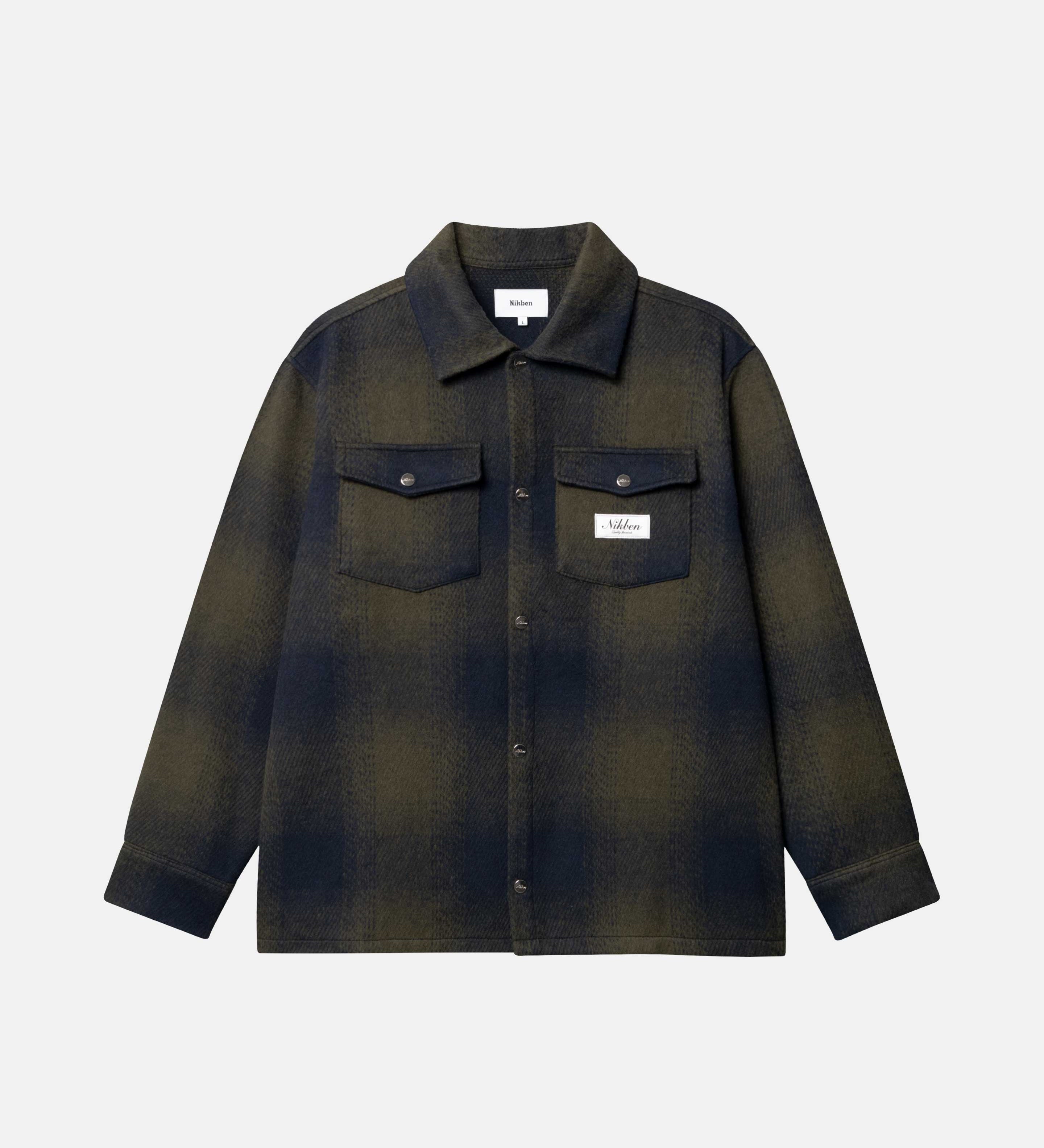 Dark blue and green flannel shirt with front pockets