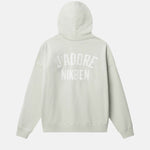 Light gray hoodie with 'Jaddore NikBen' text on the back against 