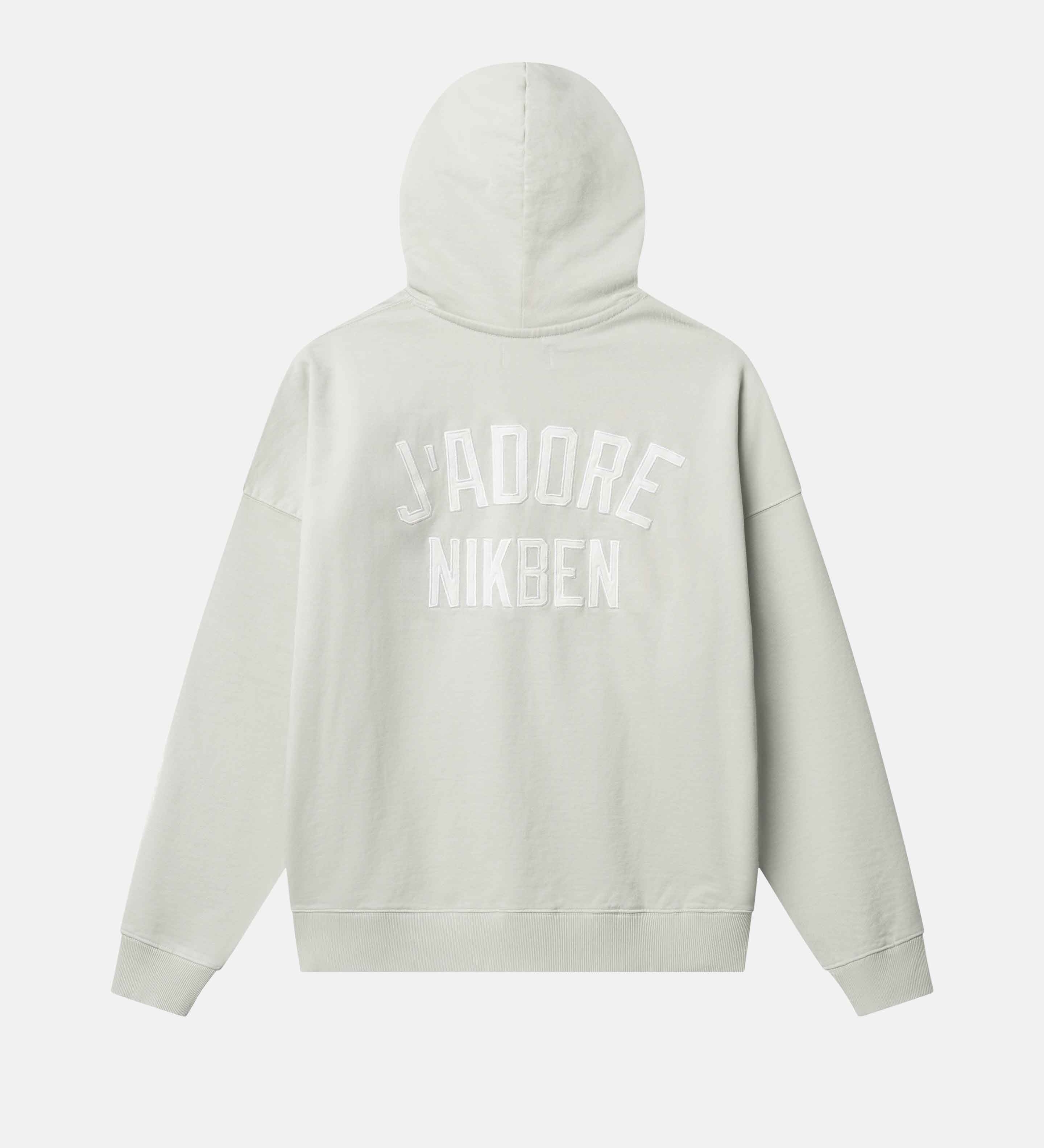 Light gray hoodie with 'Jaddore NikBen' text on the back against 