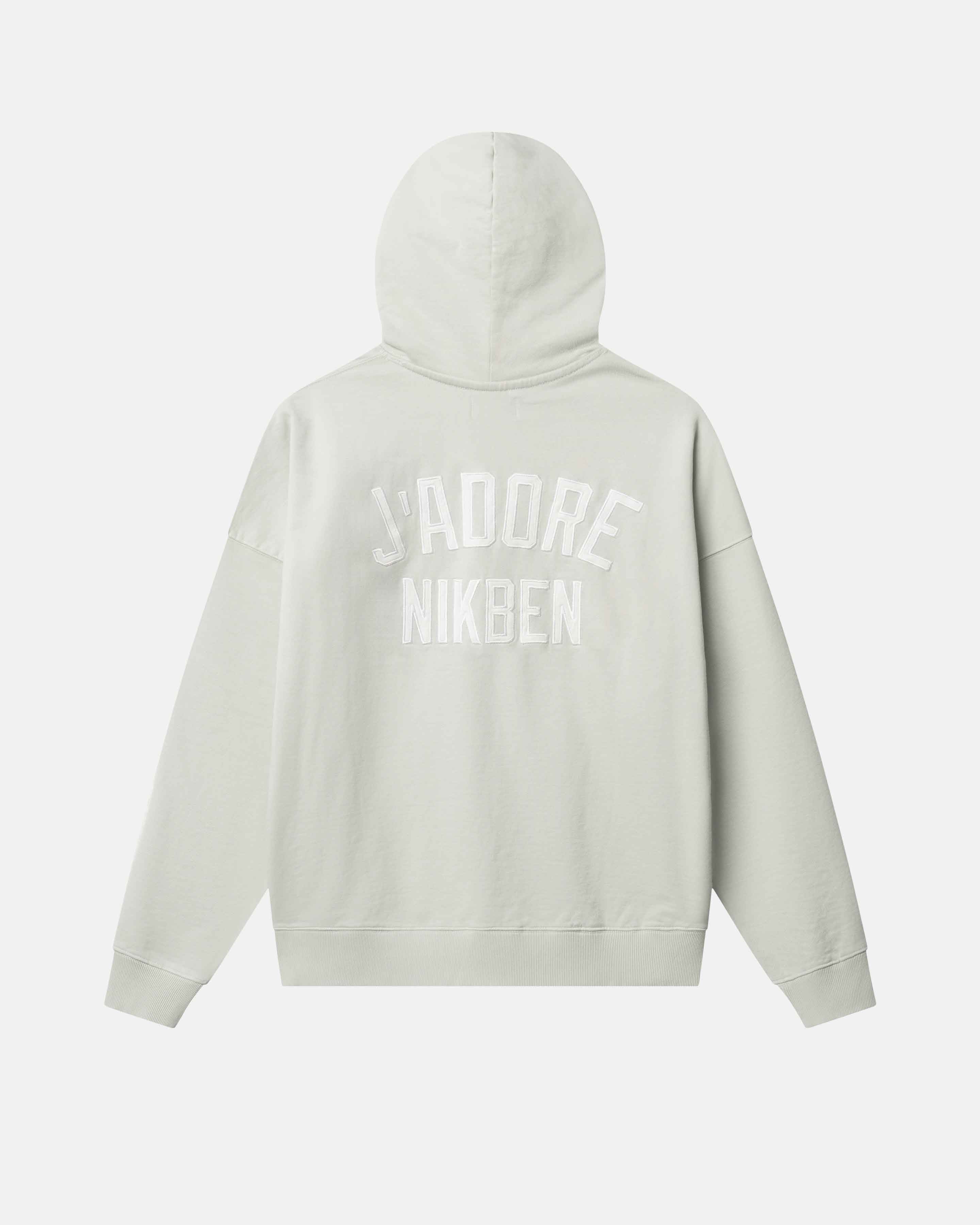 Light gray hoodie with 'Jaddore NikBen' text on the back against 