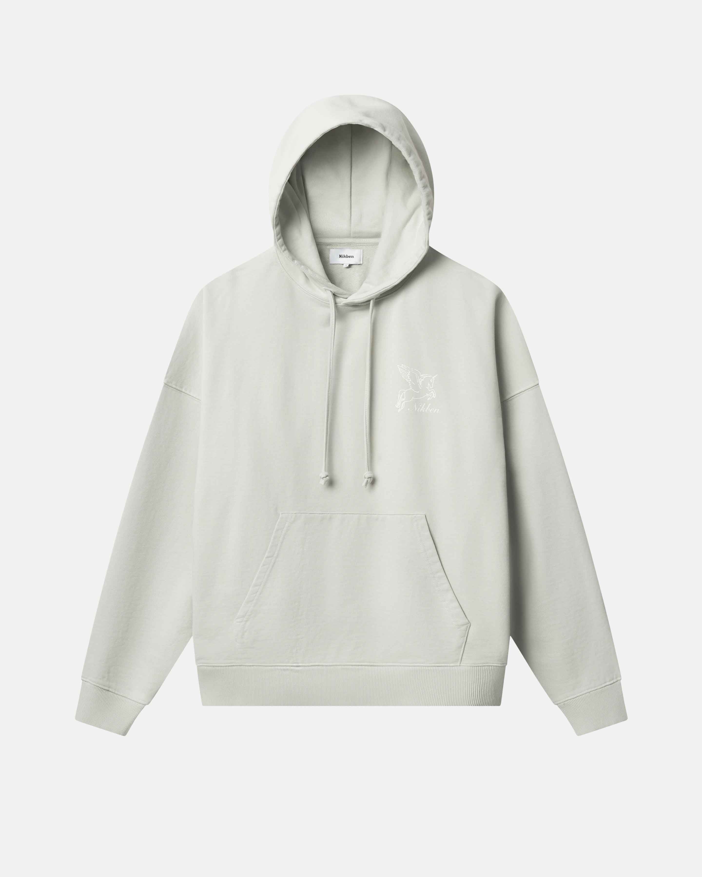 beige hoody with logo in white
