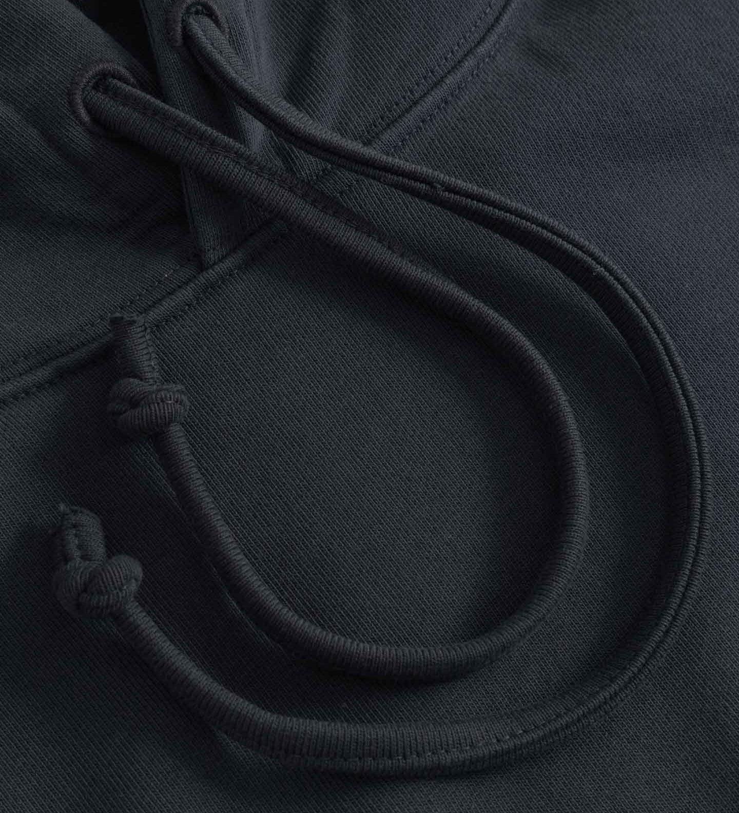 Close-up of black hoodie with drawstring
