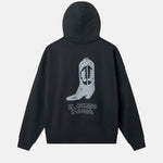 Black hoodie with a white cowboy boot graphic and text on the back 