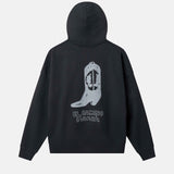 Black hoodie with a white cowboy boot graphic and text on the back 