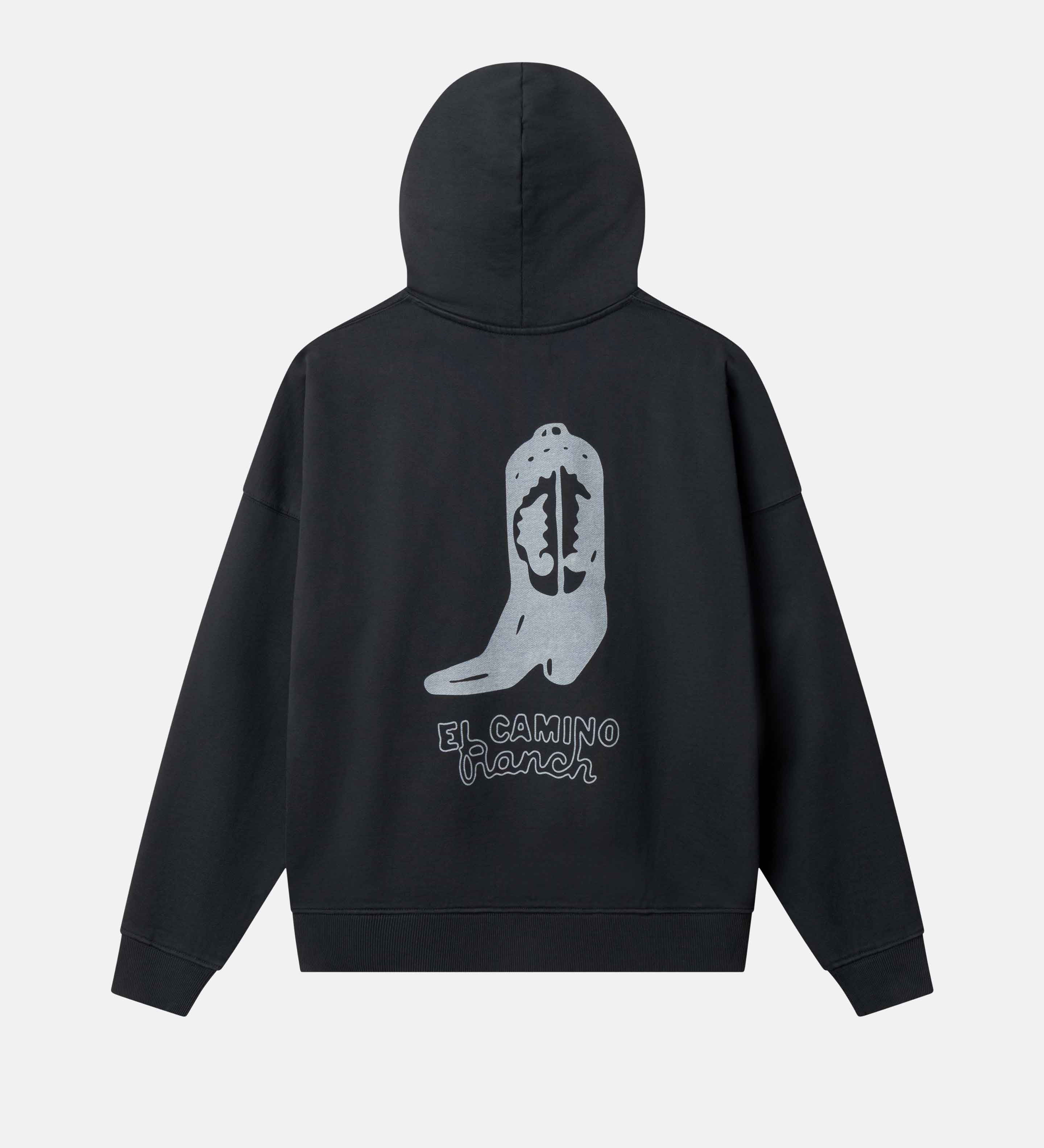 Black hoodie with a white cowboy boot graphic and text on the back 
