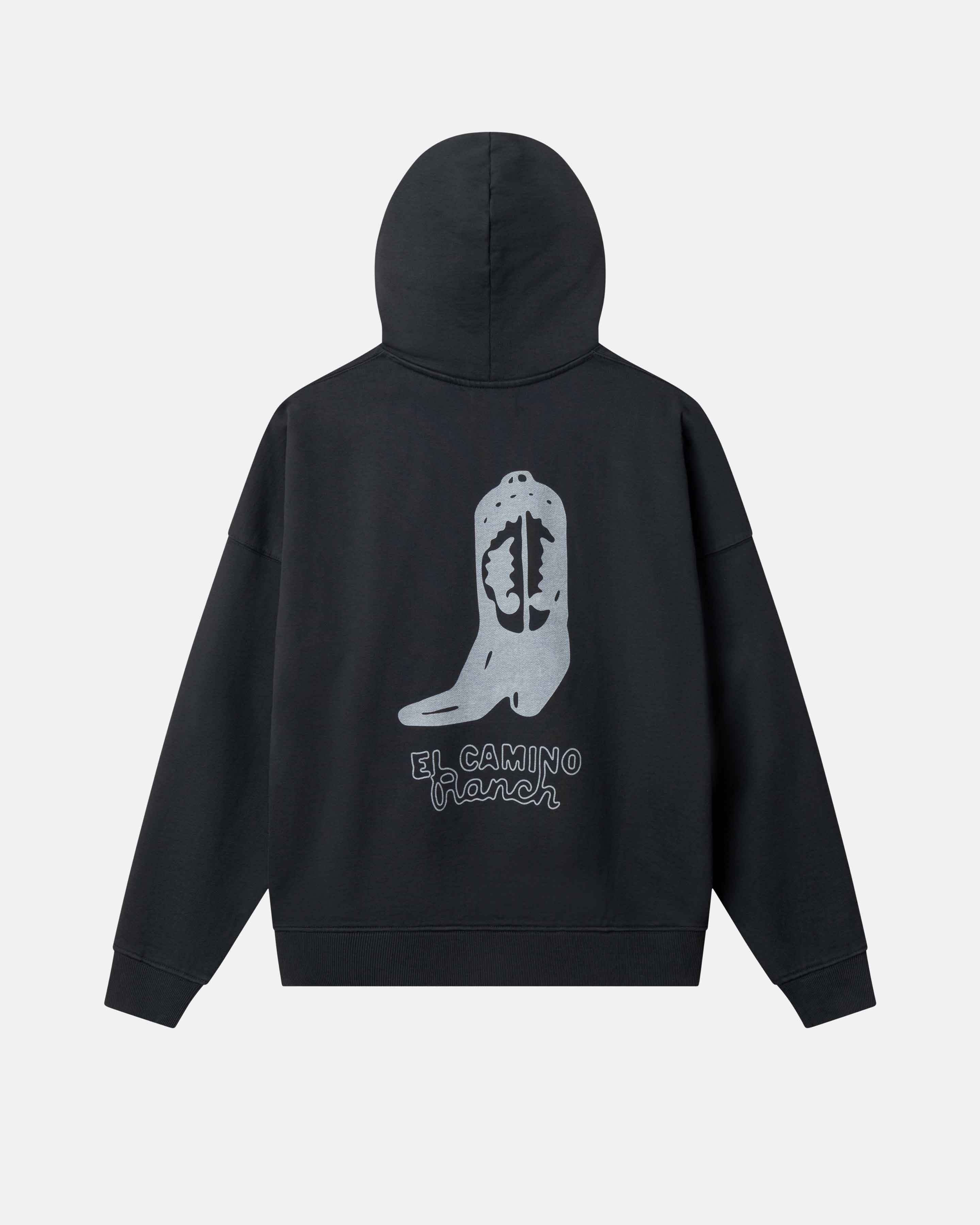 Black hoodie with a white cowboy boot graphic and text on the back 