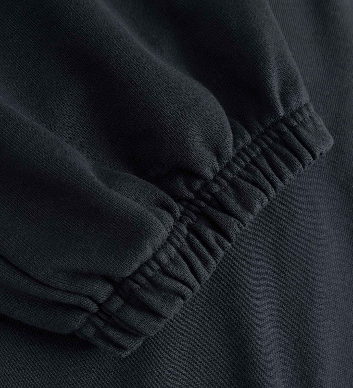 Close-up of black sweat pants with a focus on the cuff.