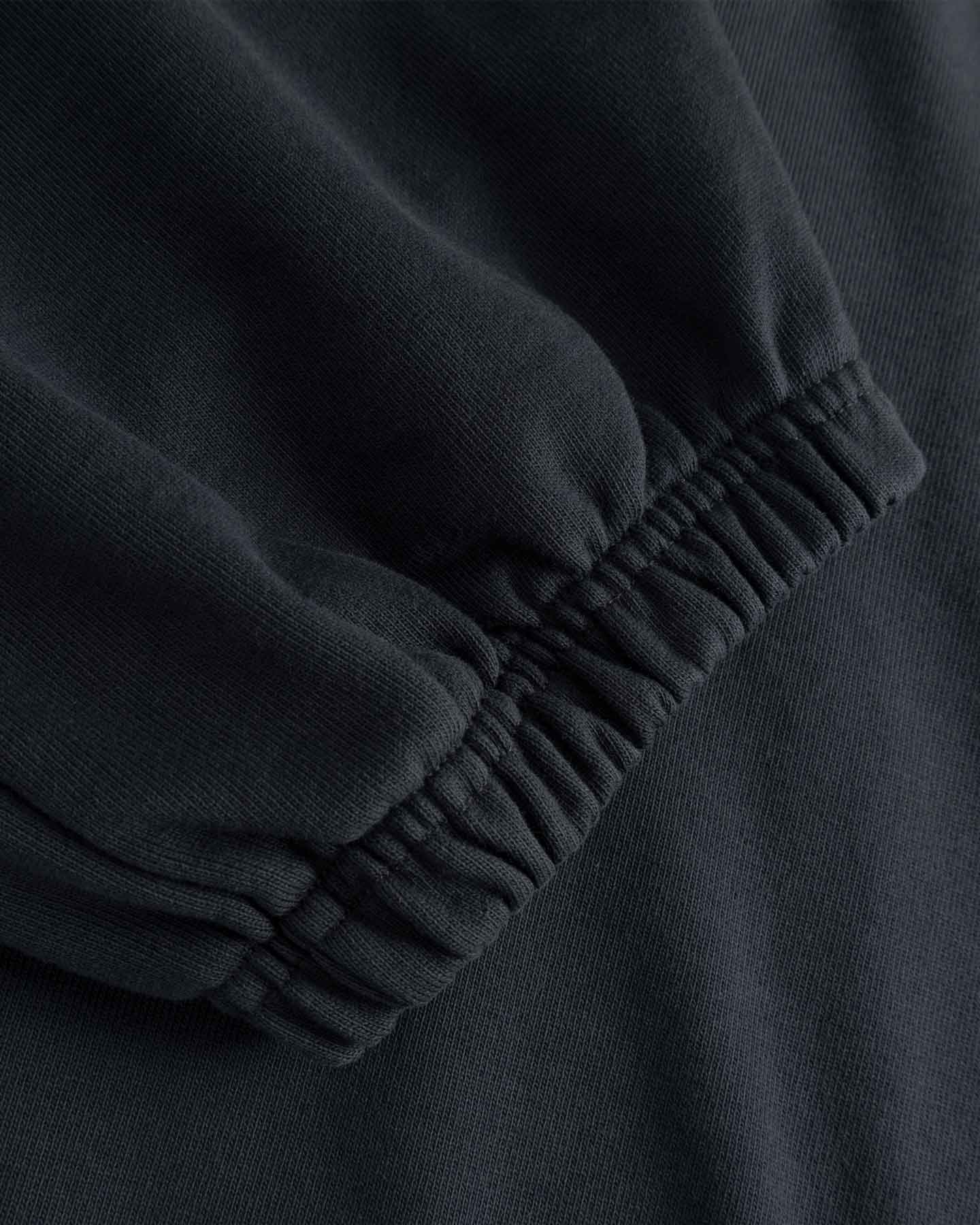 Close-up of black sweat pants with a focus on the cuff.