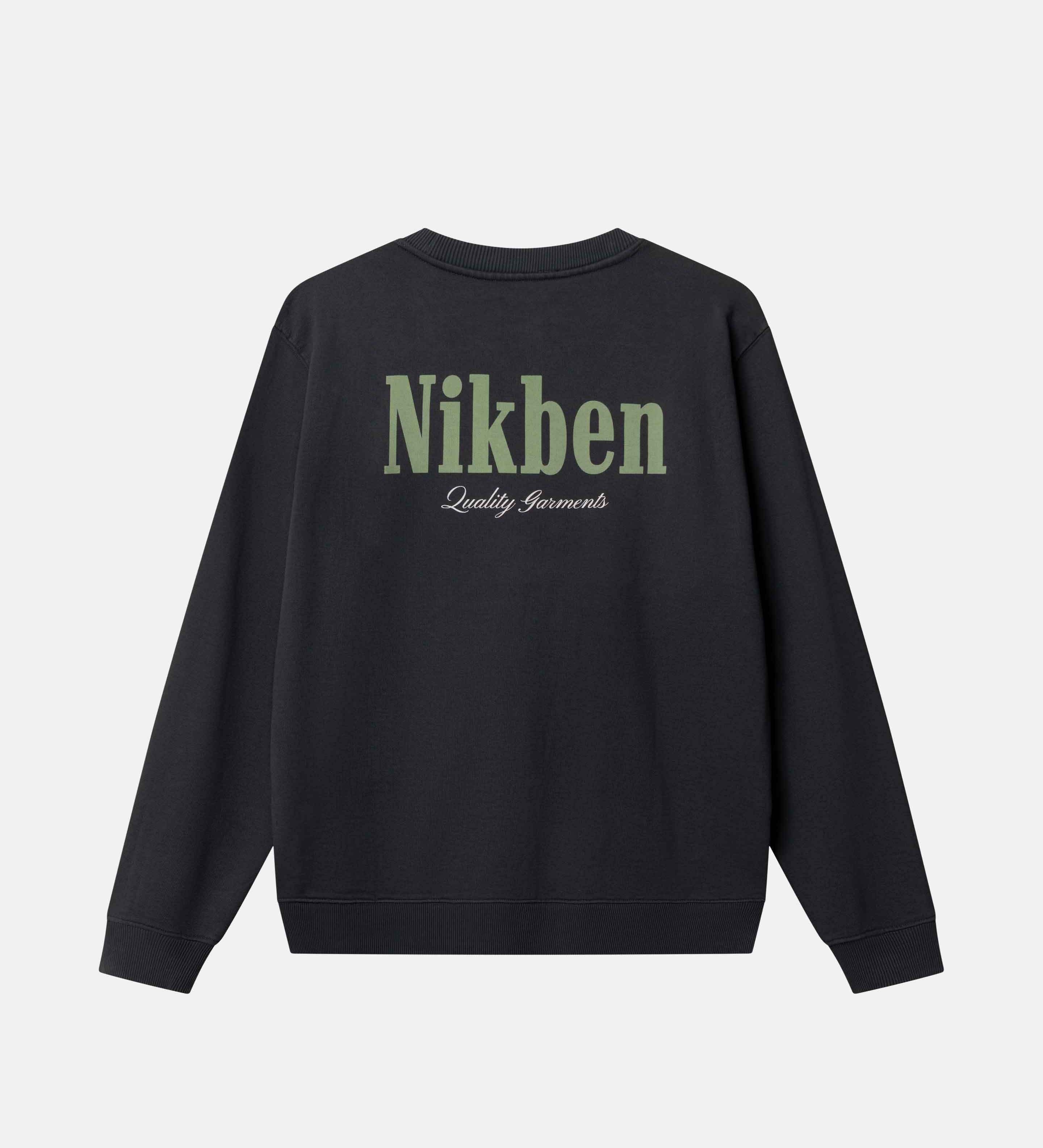 Black sweatshirt with 'Nikben' branding on  the back in green