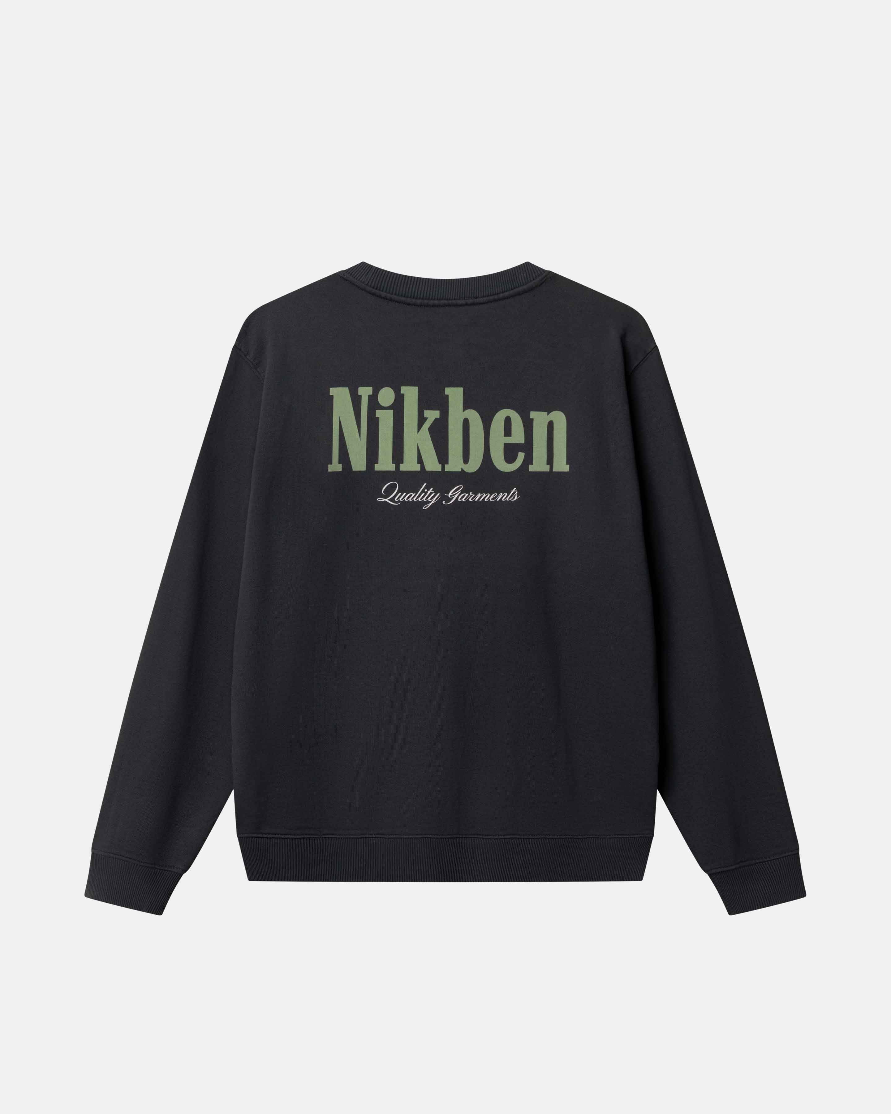 Black sweatshirt with 'Nikben' branding on  the back in green