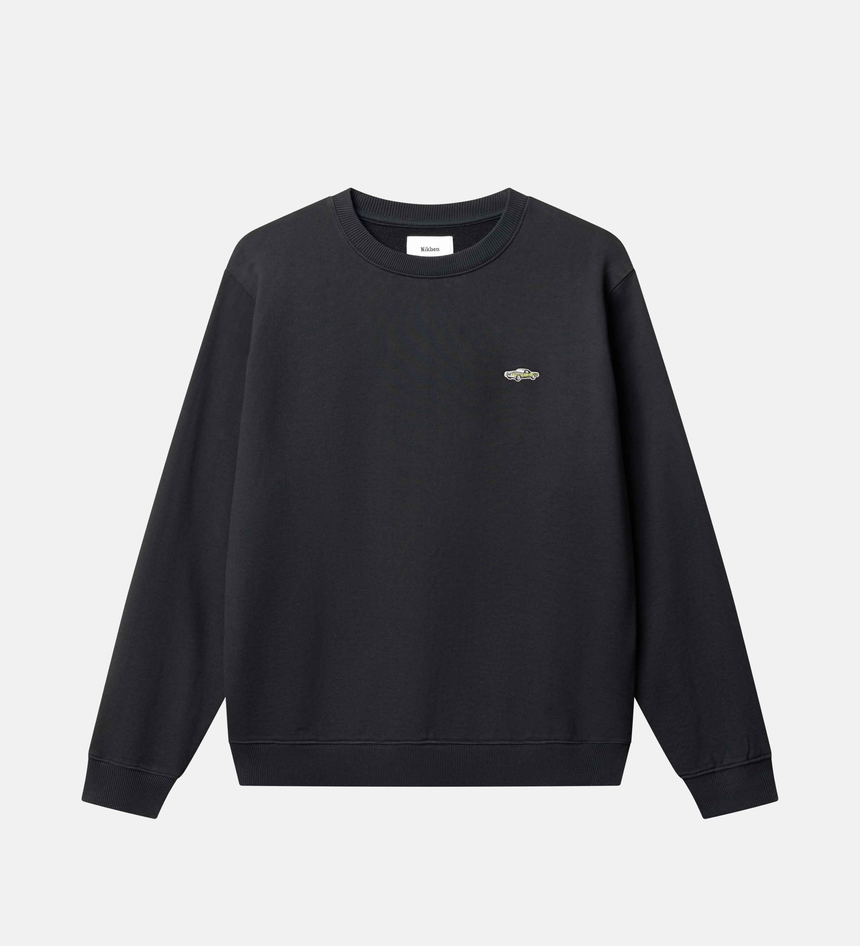Black sweatshirt with a small logo on chest